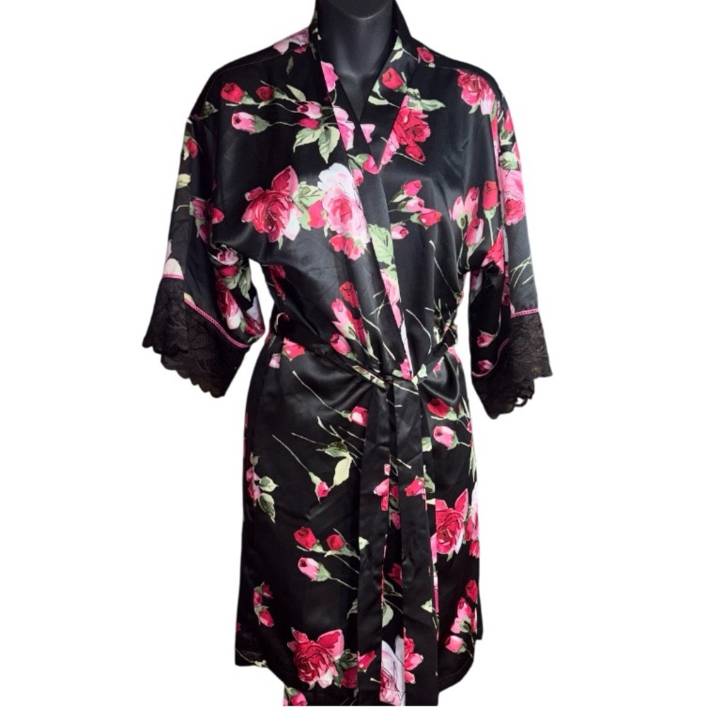 Linea Donatella Luxury Floral Print Lace Trim Wrap Robe rose black satin small - Picture 2 of 9